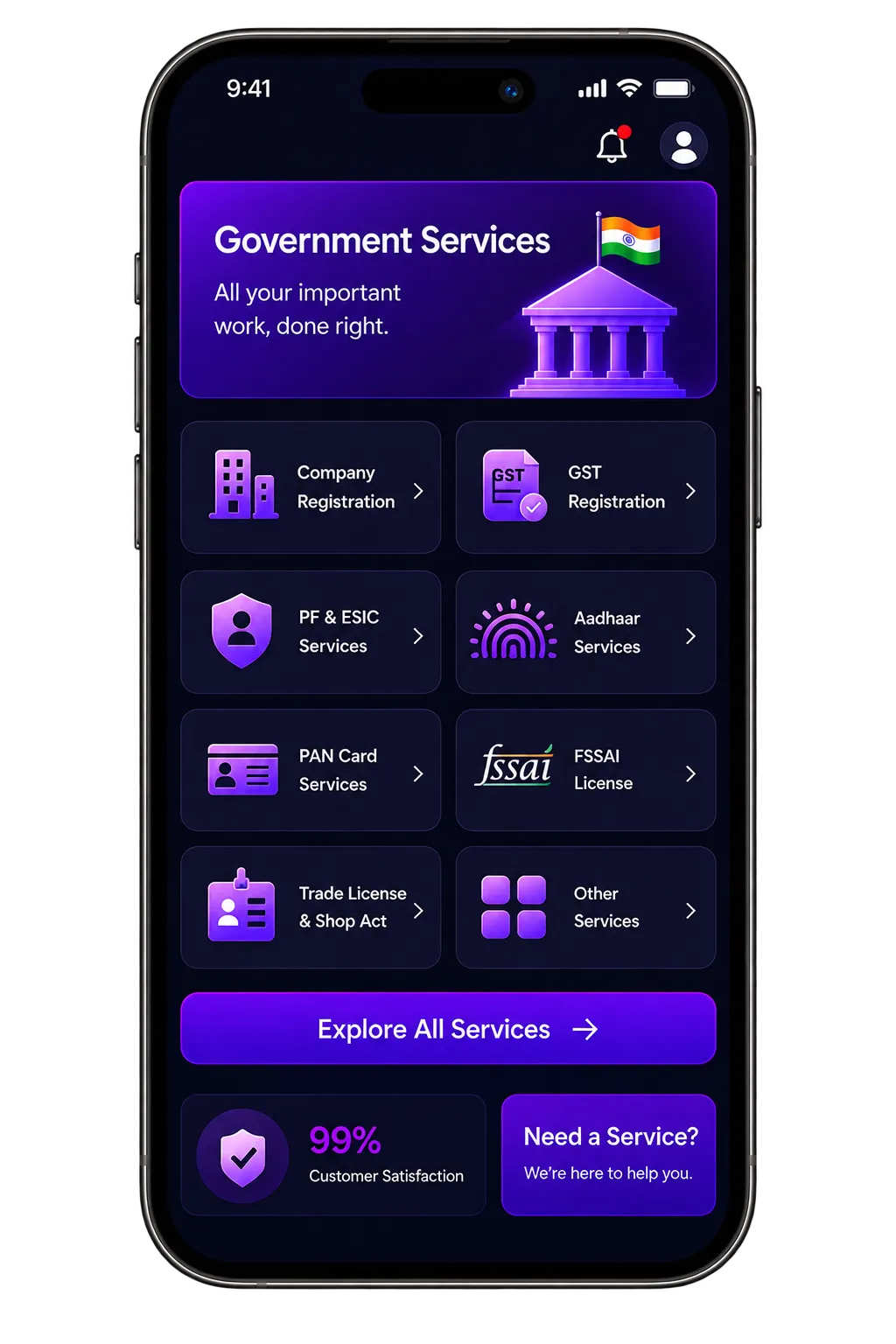 MoneyDosti government services screen showing available registrations and certificates