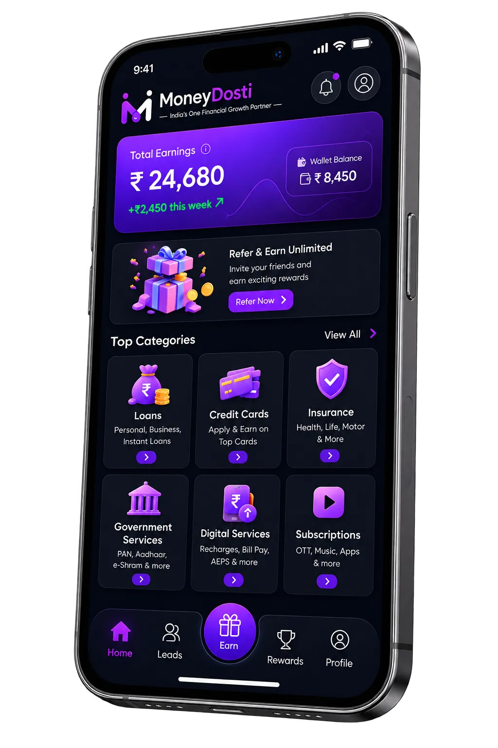 MoneyDosti app home screen showing total earnings and quick access to services