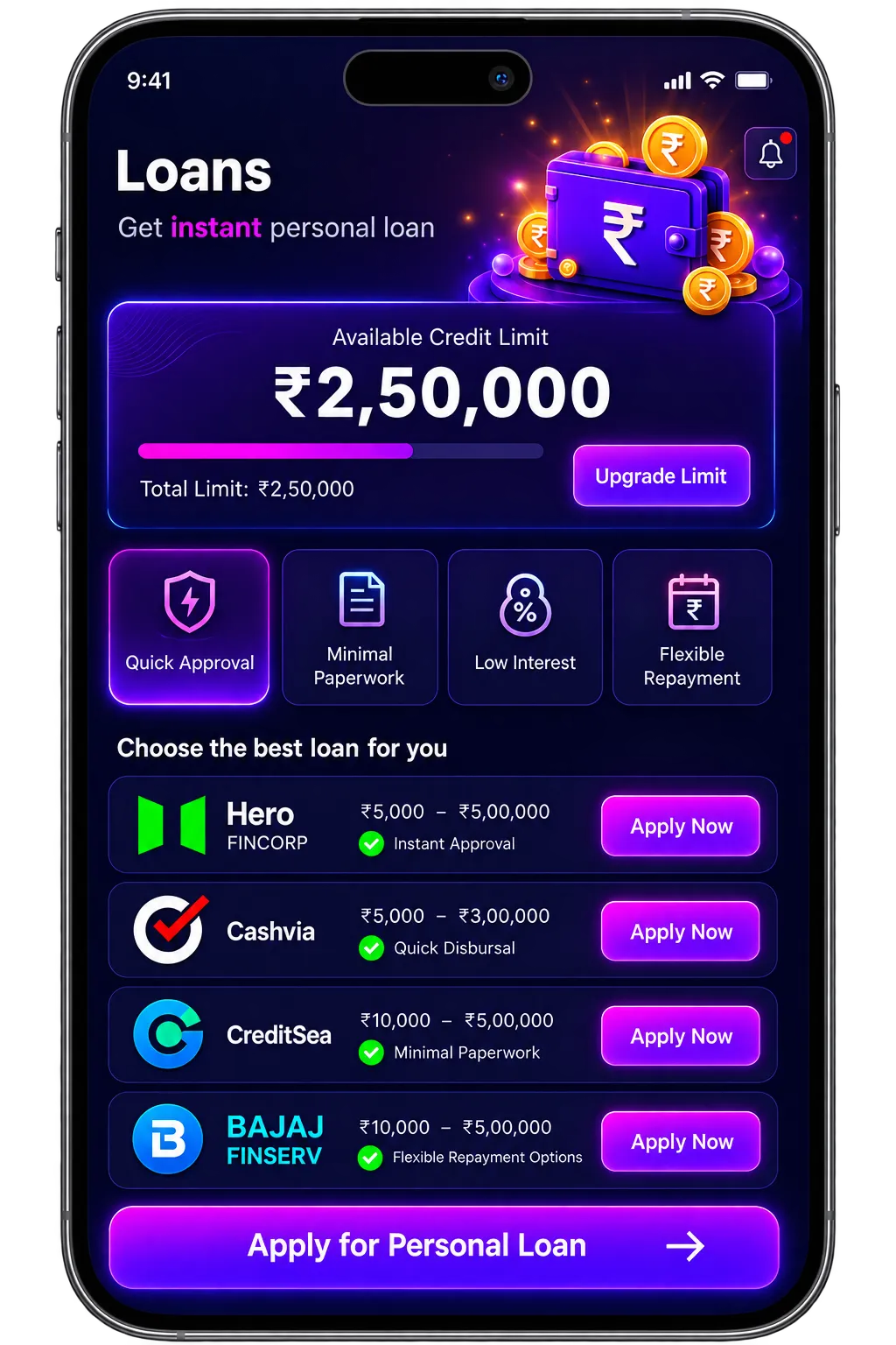 MoneyDosti loans screen showing available credit limit and partner lenders