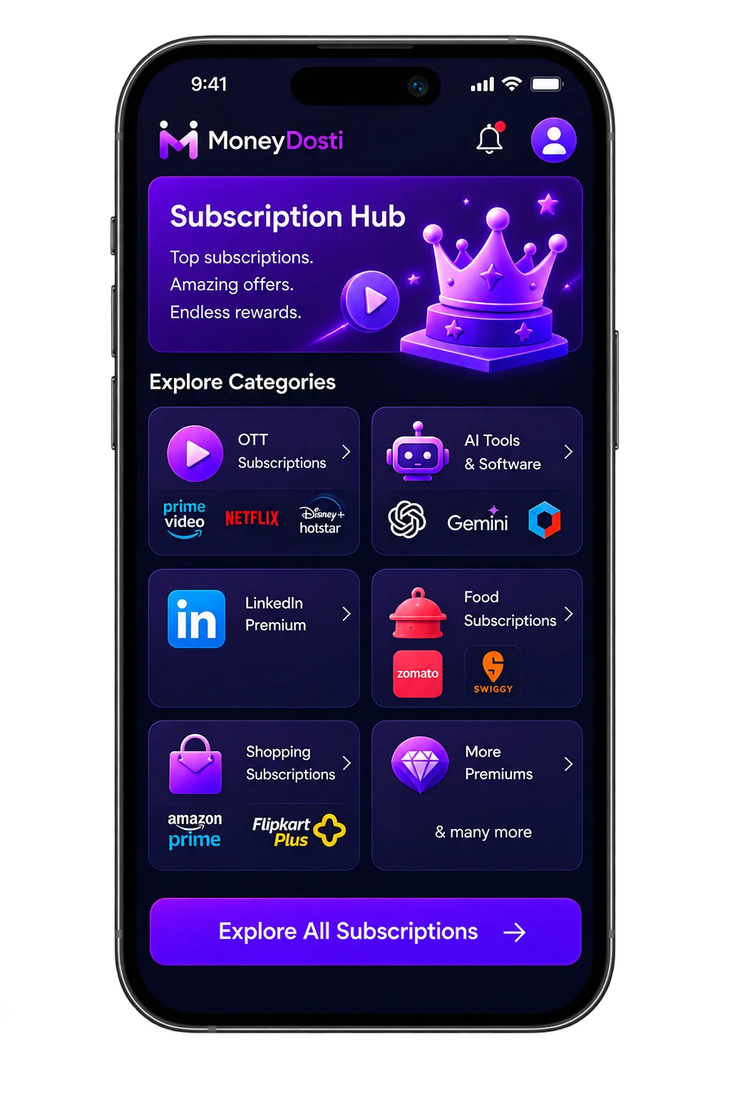 MoneyDosti subscription hub screen showing top subscription deals and rewards